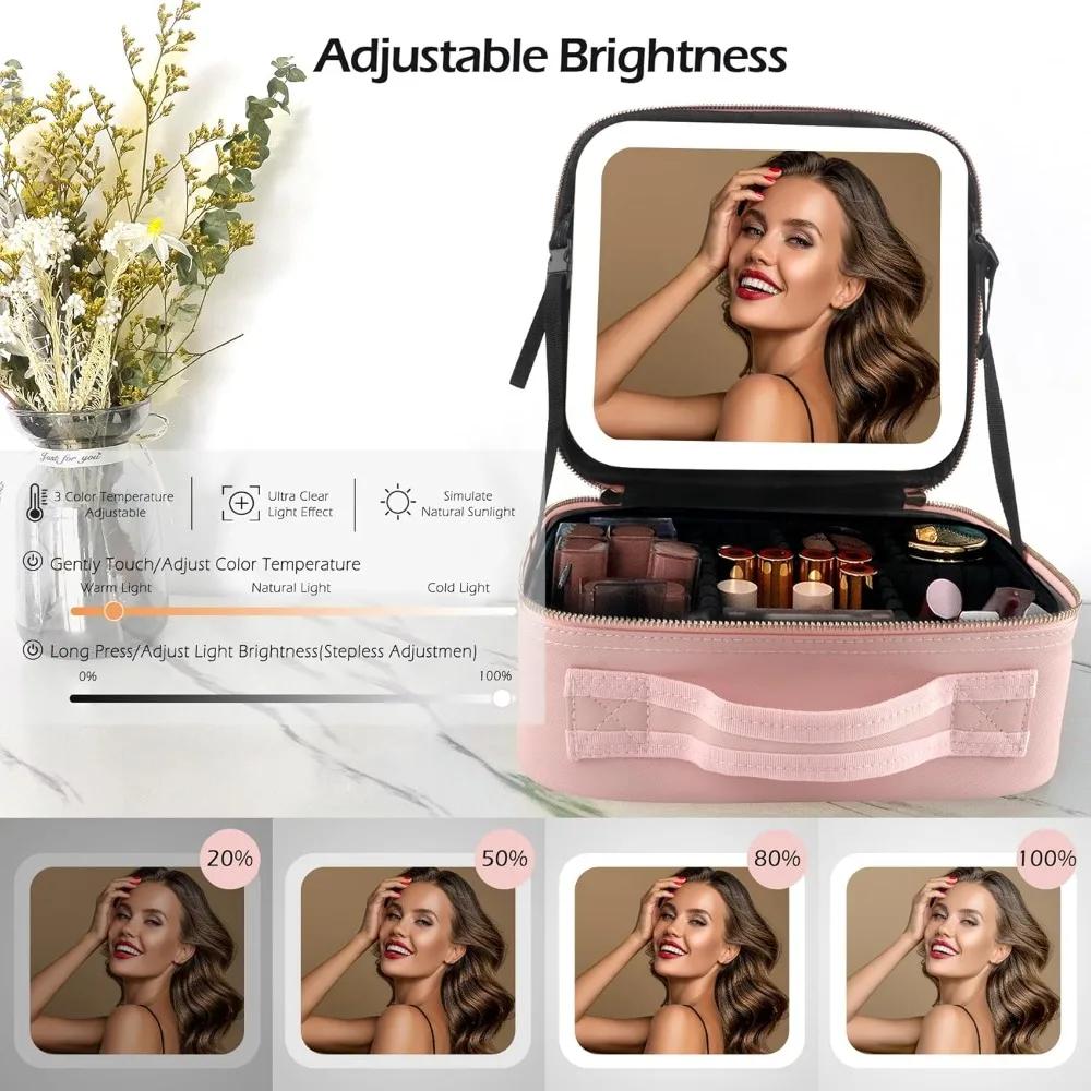 Trousse de maquillage avec miroir LED, grande mallette de voyage, organisateur de cosmétiques, sacs