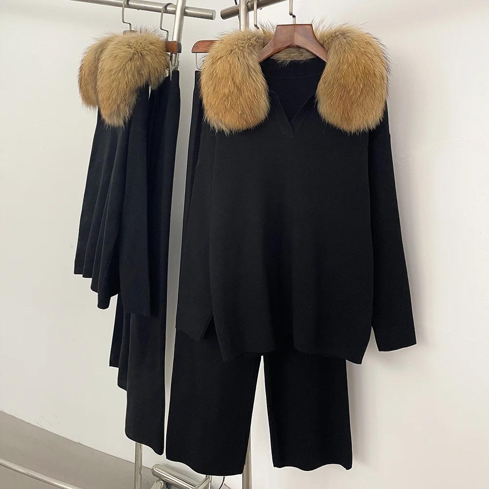 Réalité fourrure veste pull ensemble femme printemps tricoté costume tricots femme réel renard col d