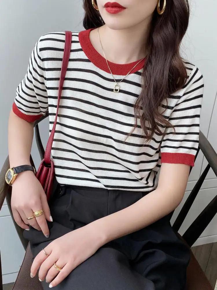 T-shirt décontracté à rayures pour femme, col rond, imprimé, manches courtes, tricoté, été 2026