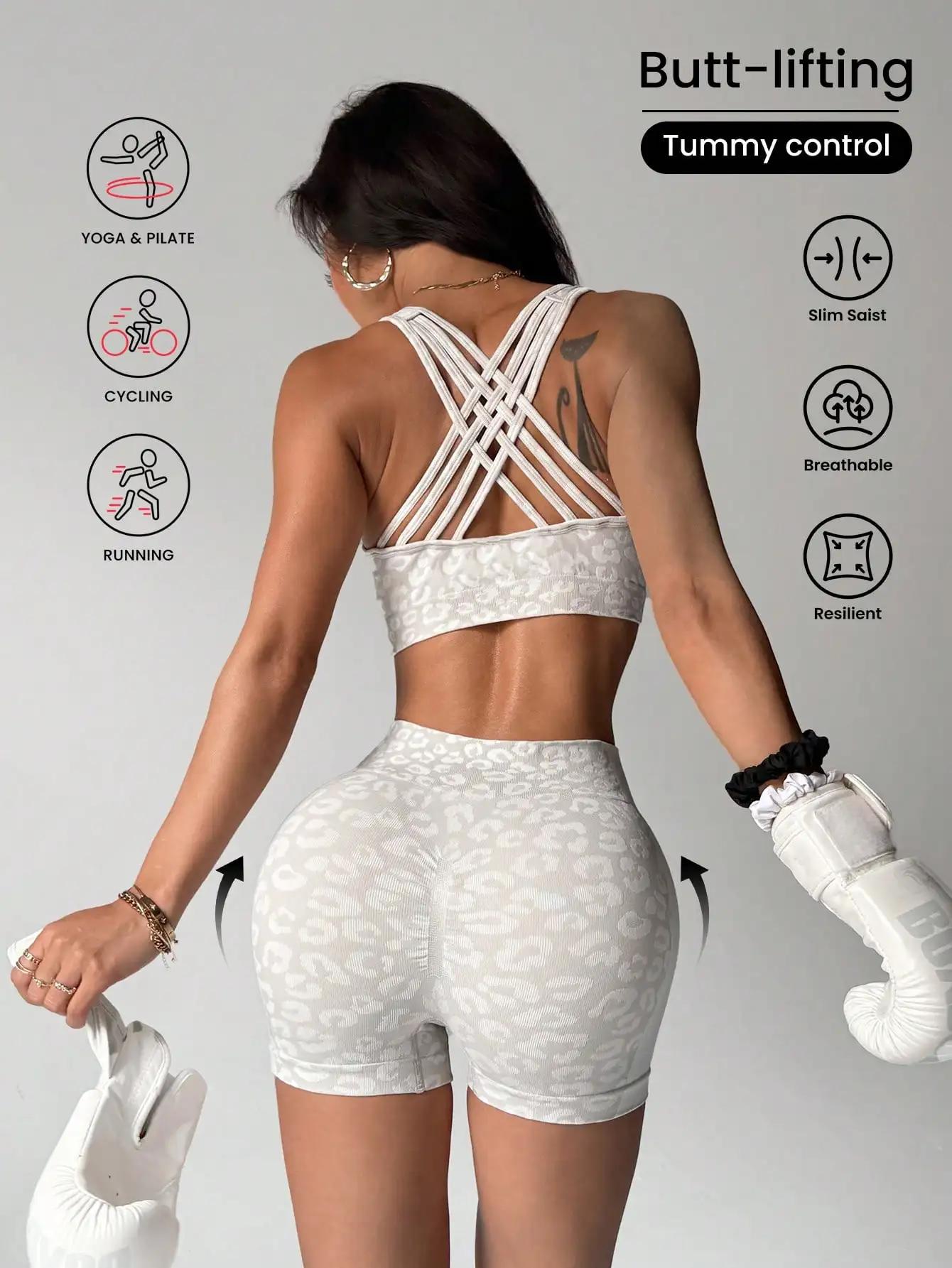 Ensemble de yoga imprimé léopard taille haute et moulant le ventre pour femme, rehausse les hanches