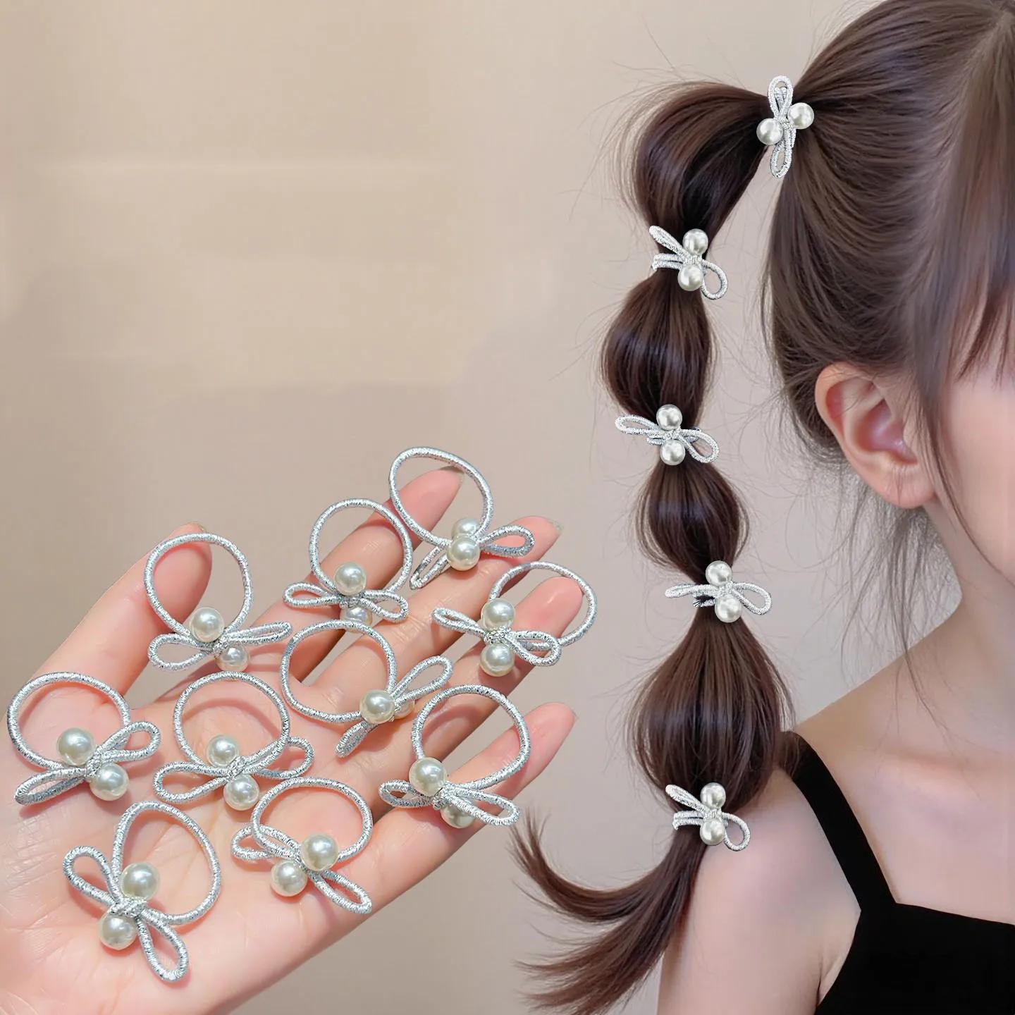 10 pièces enfants tressé élastique coréen argent perle arc bandeau sans endommager les cheveux petit