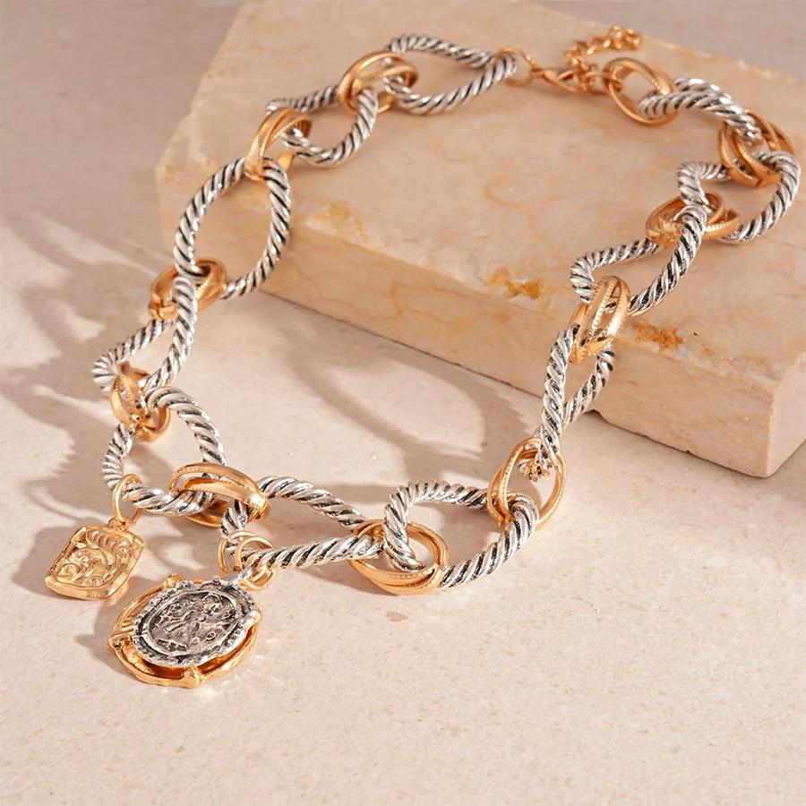 ZAA Vintage métal torsadé cercle chaînes ronde pièce pendentif colliers pour femmes Puk fête chaîne