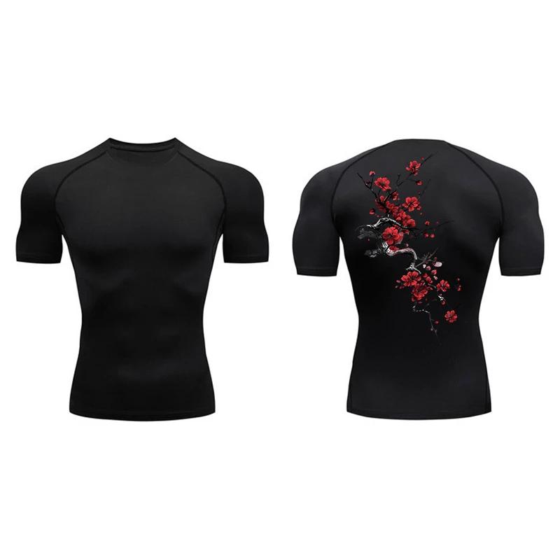 Chemises de Compression à manches courtes pour hommes, imprimé floral, T-shirts athlétiques d'été à