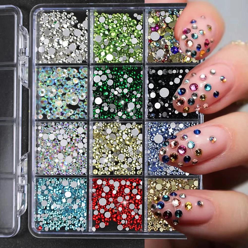 Breloques pour ongles en strass colorés scintillants, 12 grilles/1 boîte, 1-5mm, Mini AB/couleur rou