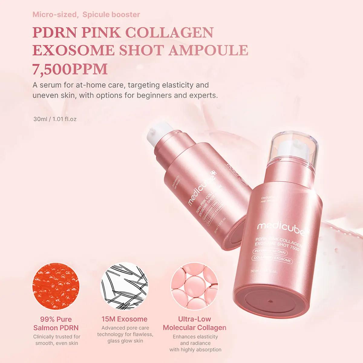 Medicube PDRN Shot d'exosome de collagène rose, liquide transparent rose, léger et absorbant rapidem