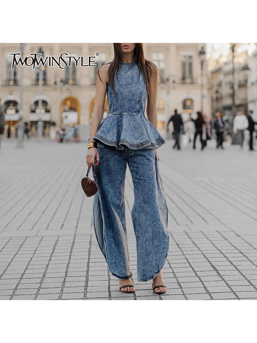 TWOTWINSTYLE Ensemble deux pièces en jean à plis superposés pour femme, haut chic sans manches à col