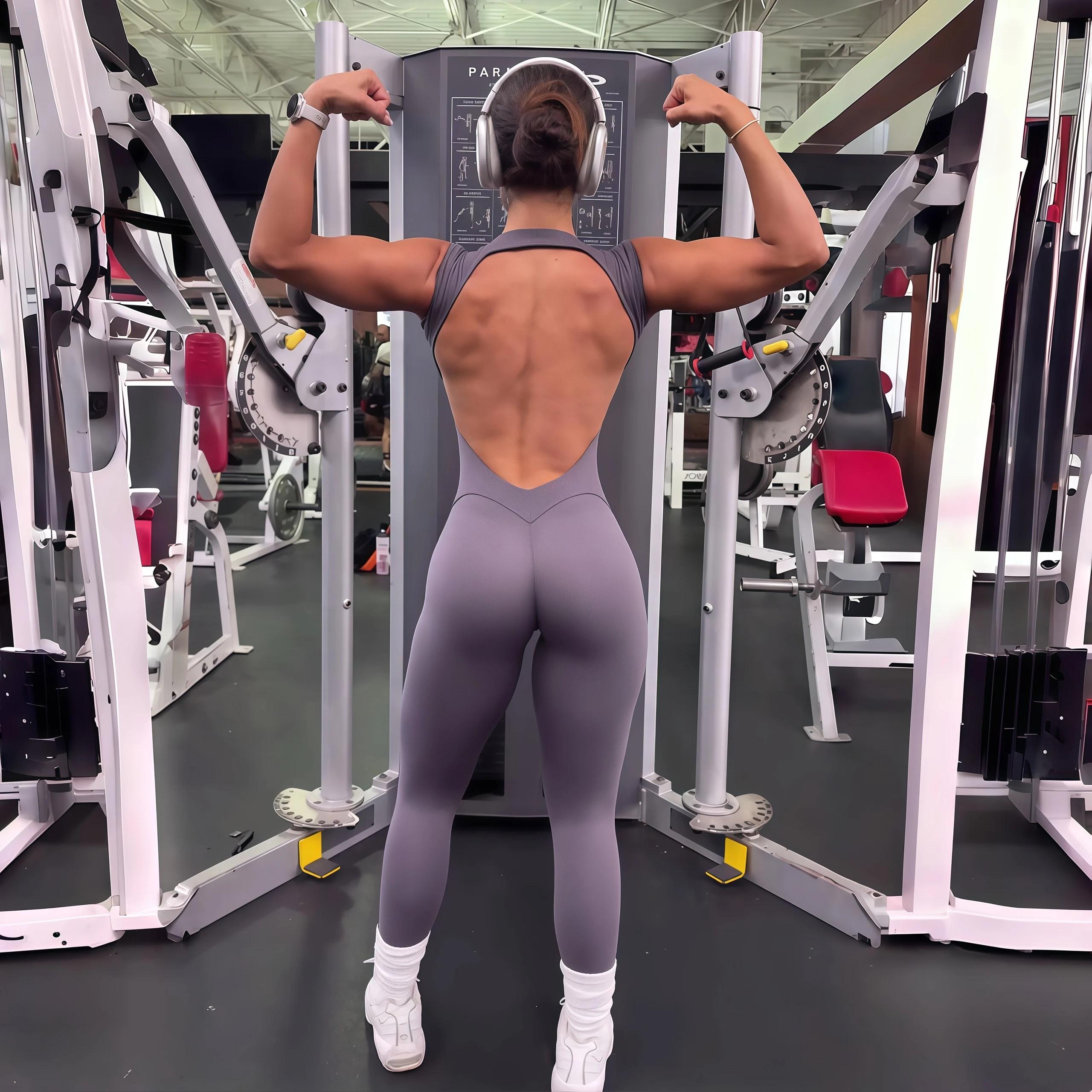 Combinaison de Yoga une pièce pour femmes, manches courtes, dos ouvert, Slim Fit, tenue de sport, co