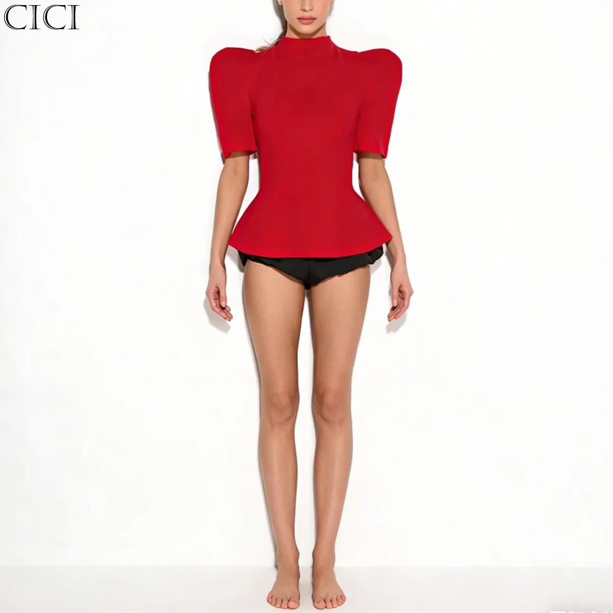 Haut Peplum Femme CiCi Col Montant Manches Courtes Bouffantes Silhouette Structurée Élégant Tenue de