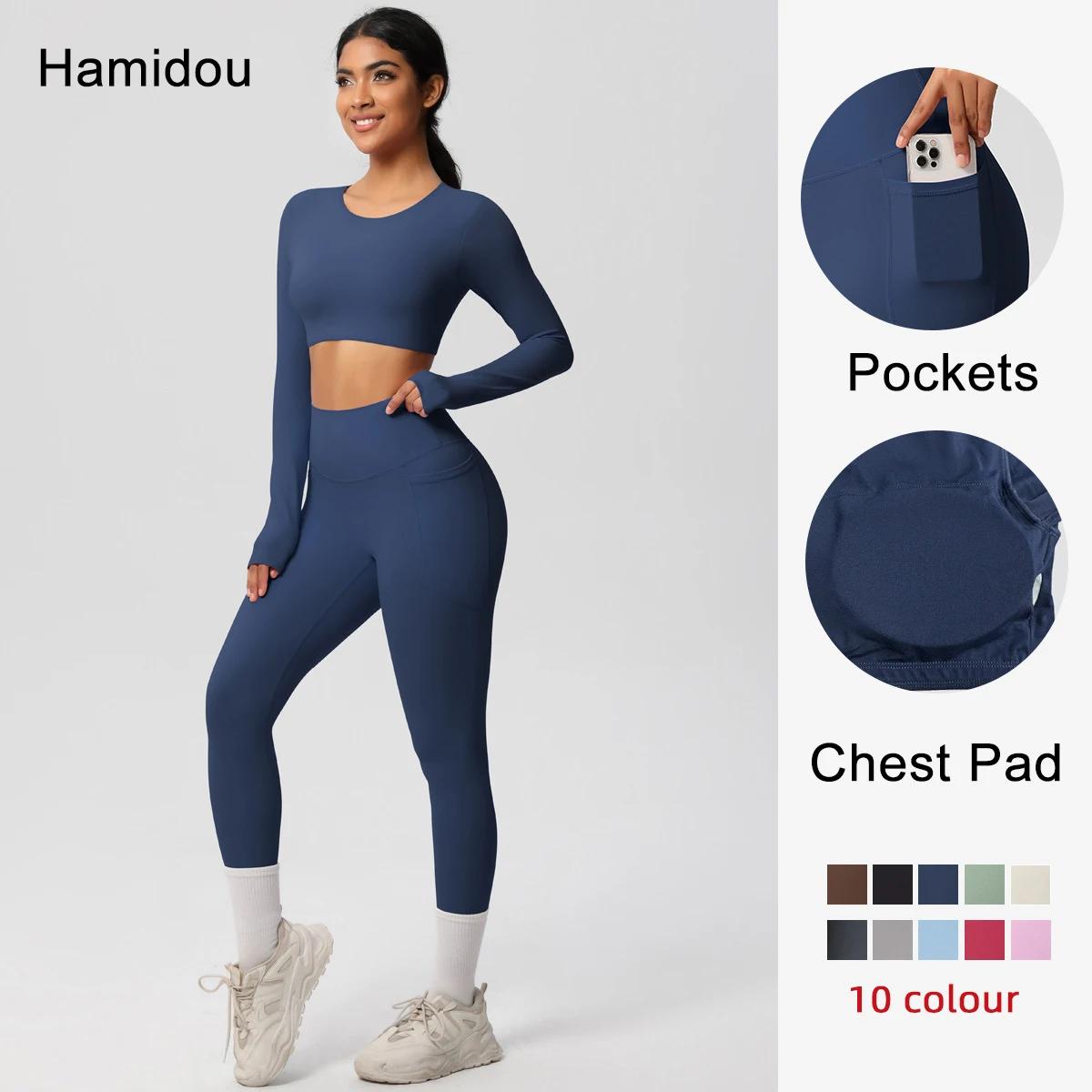 Ensemble de sport et yoga uni pour femme Hamidou – Haut de sport slim avec coussinets de poitrine et