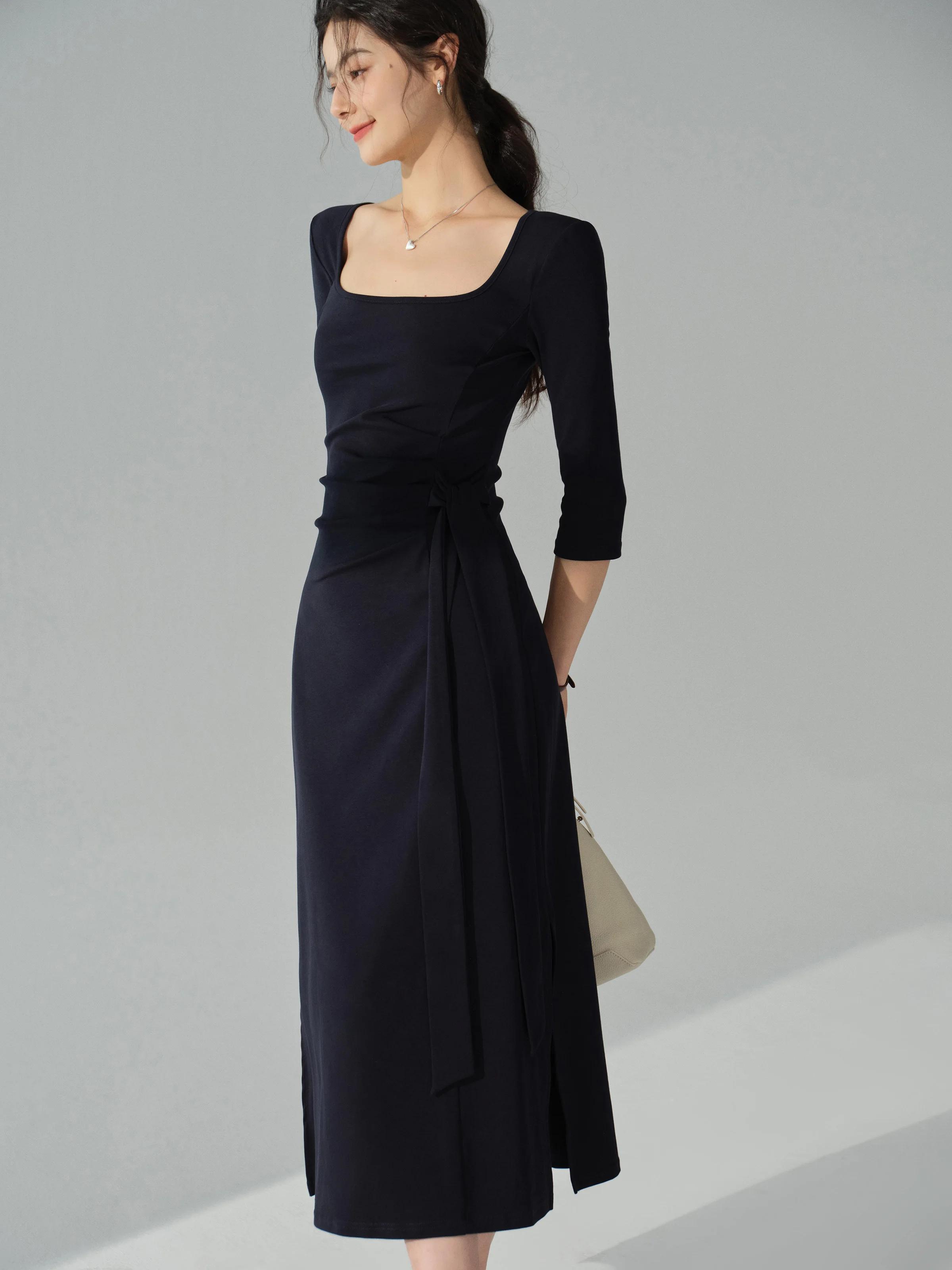 Robe mi-longue française élégante, Vintage, col carré, manches longues, coupe cintrée, cravate à la