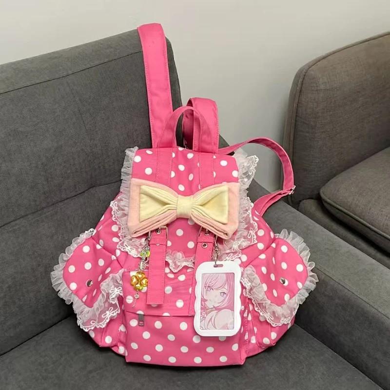 Sac à dos Preppy à pois avec nœud décoratif en dentelle, plusieurs poches, grande capacité, sac simp
