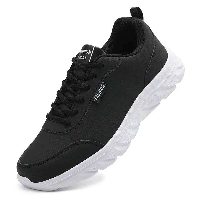 Chaussures de Course Légères et Larges en Cuir Noir pour Homme, Baskets de Marche Plates et Conforta