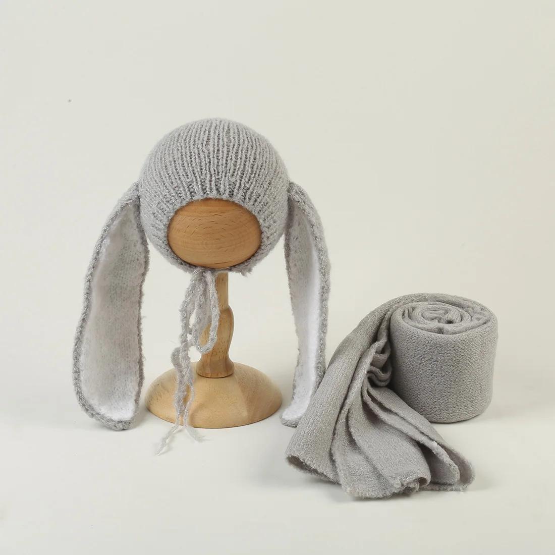 Ensemble bonnet lapin en tricot pour nouveau-né, accessoires de photographie, bonnet lapin doux, com