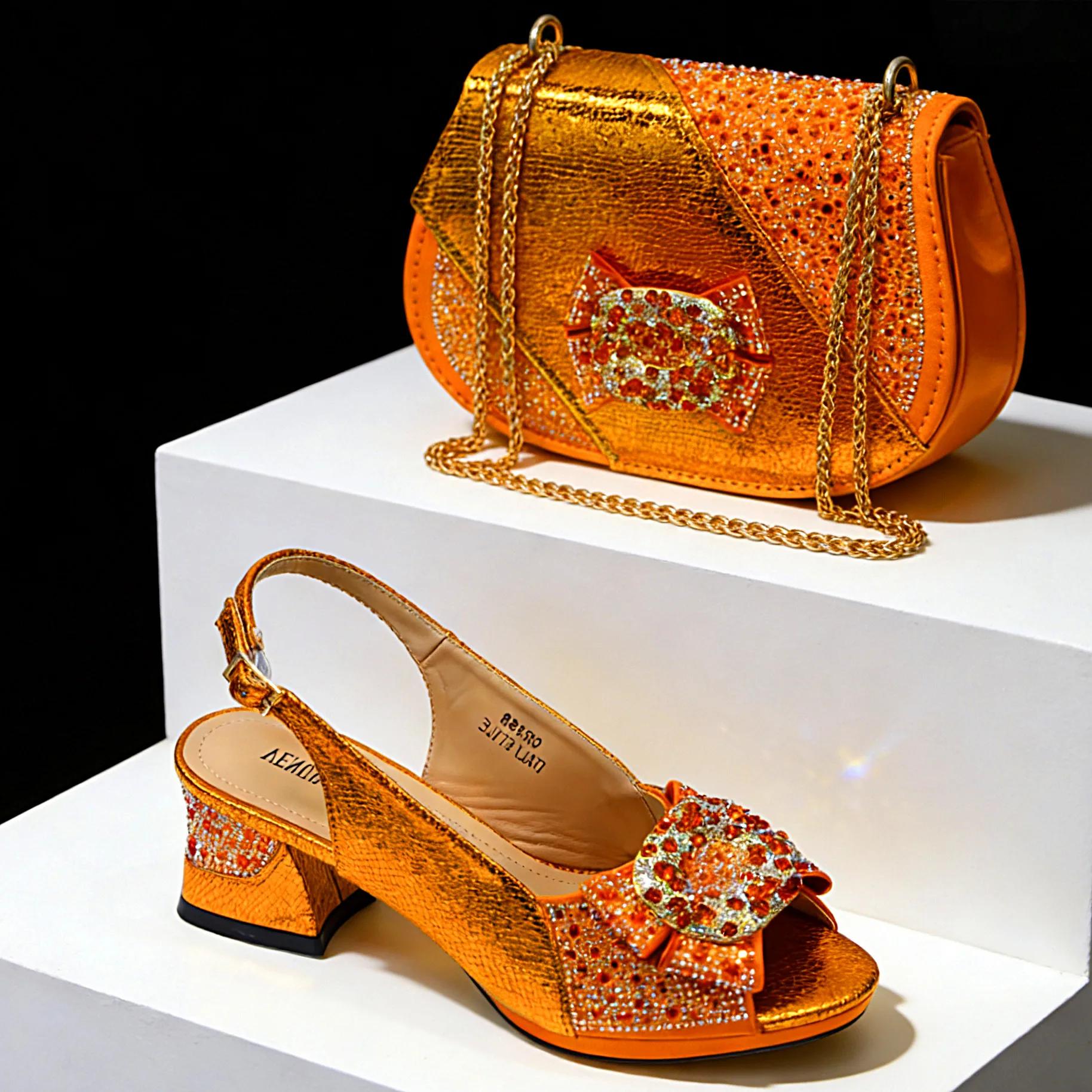Ensemble élégant 2026 pour femme : Chaussures à talons hauts orange et sac assorti avec strass, desi