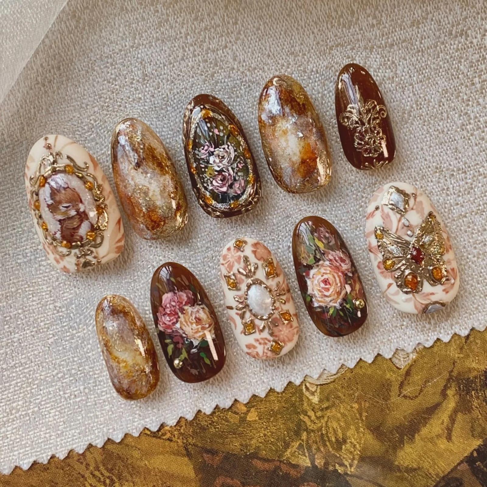 24 pièces ambre Rose faux ongles presse sur ongles avec peinture à l'huile motifs de fleurs longue a
