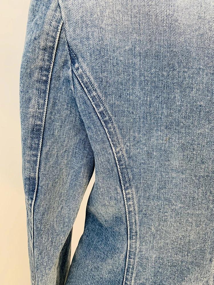 HIGH STREET Nouveauté 2026 Blazer en jean pour femme, coupe ajustée, croisé, avec boutons motif lion