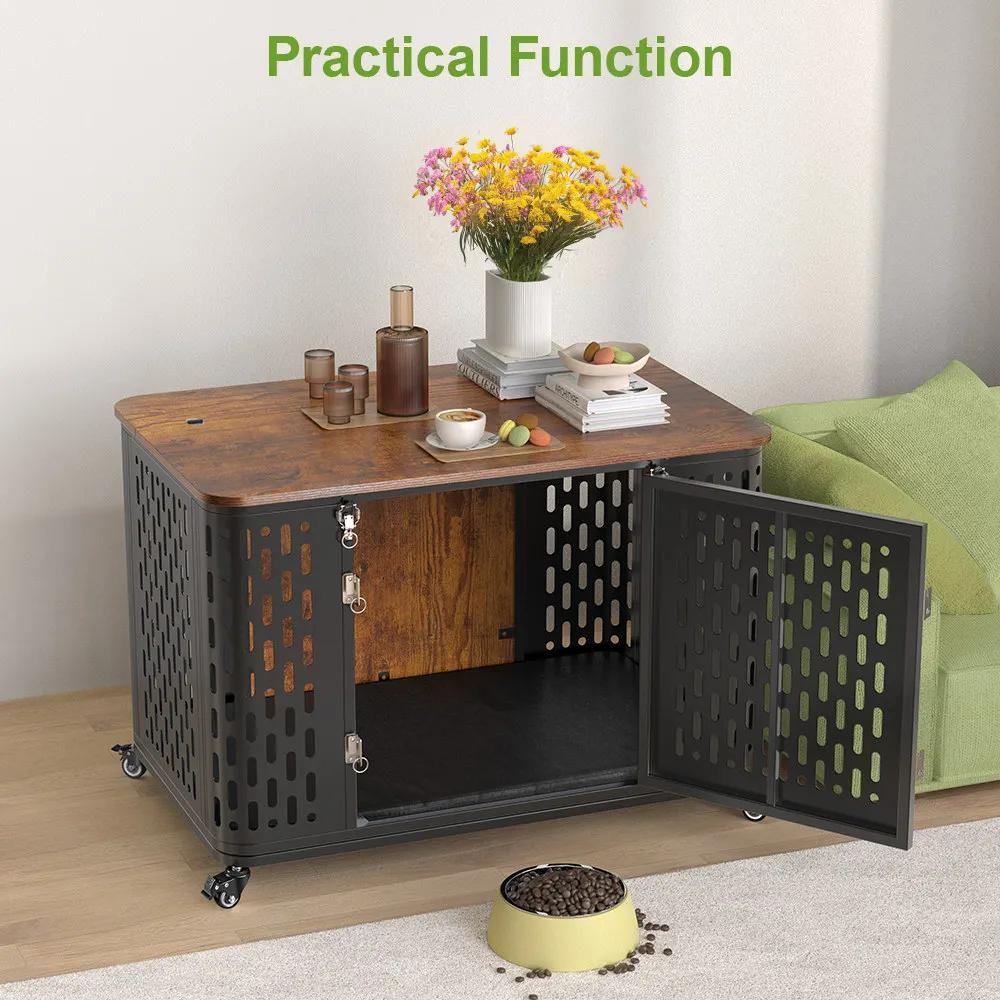 Caisse pour animaux de compagnie avec coussin, chenil en bois, roues flexibles, meubles polyvalents