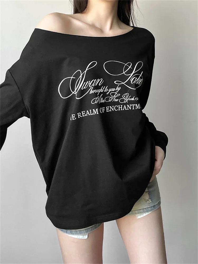 Sisterlinda quotidien Style polyvalent T-Shirts femmes lettre impression épaule inclinée manches lon