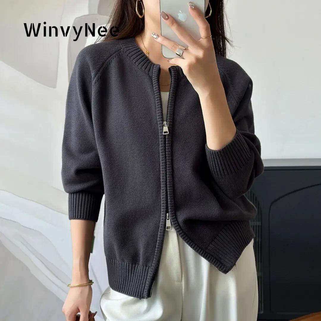 WinvyNee Vêtements pour femmes 100% coton uni col rond fermeture éclair ample doux épais manches lon