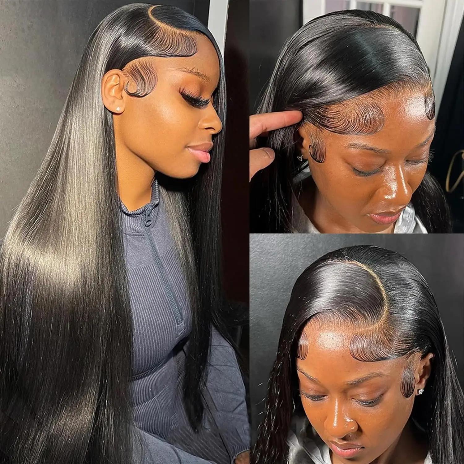 Perruque Lace Front Wig sans colle naturelle, cheveux lisses, 13x6, 30 32 34 36 pouces, densité 180,