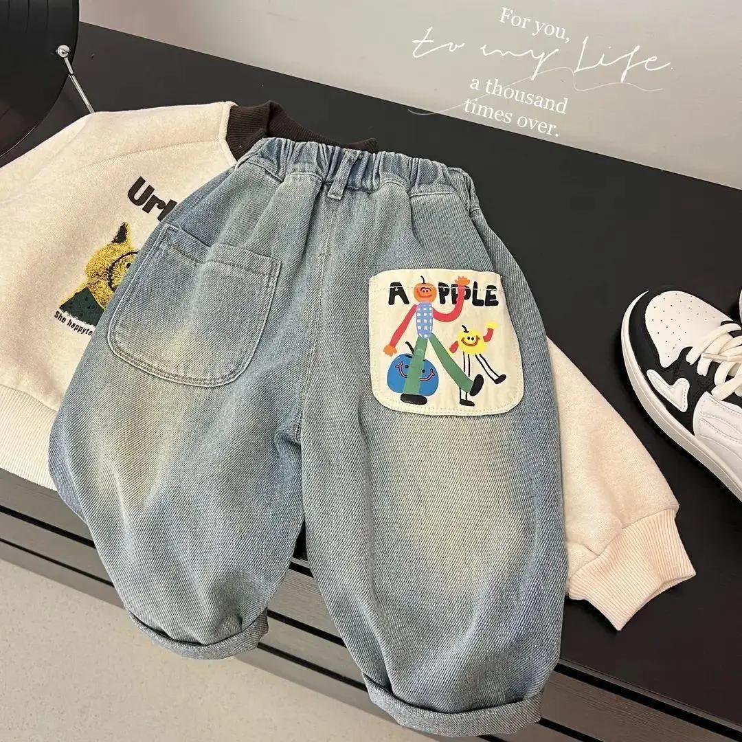 Nouveau pantalon pour enfants Printemps 2026 – Jean en denim ample pour garçons avec imprimé dessin