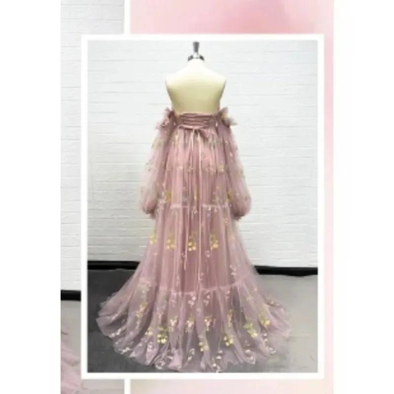 Robe de soirée de maternité sexy – Robe de soirée à fente haute avec broderie florale et manches bou