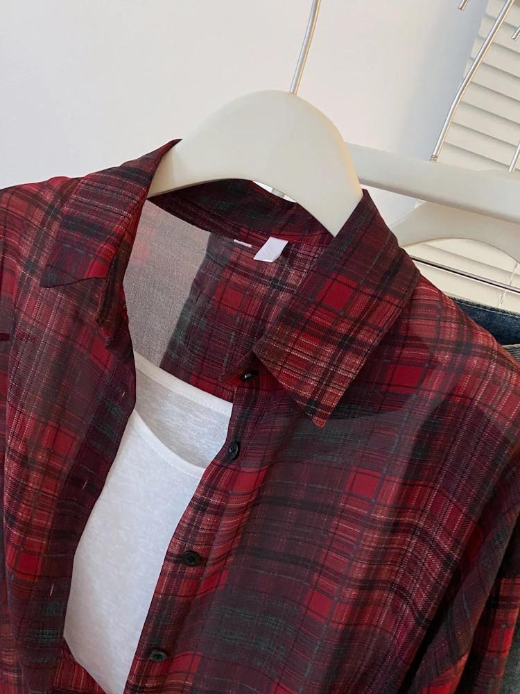 Chemise de protection solaire à manches longues à carreaux rouge et noir pour femmes, petit haut ext
