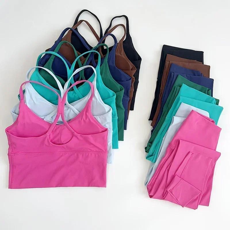 Leggings taille haute yoga femme 2 pièces - Ensemble fitness sexy dos croisé élasticité Y sport