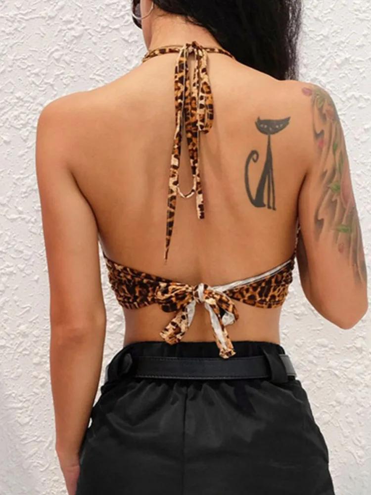 Haut court imprimé léopard pour femmes, dos nu, Bandage, lacets, paillettes, anneau en métal, détail