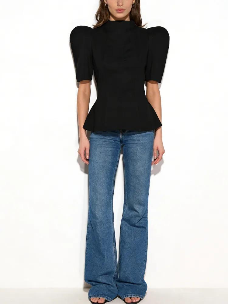 Haut Peplum Femme CiCi Col Montant Manches Courtes Bouffantes Silhouette Structurée Élégant Tenue de