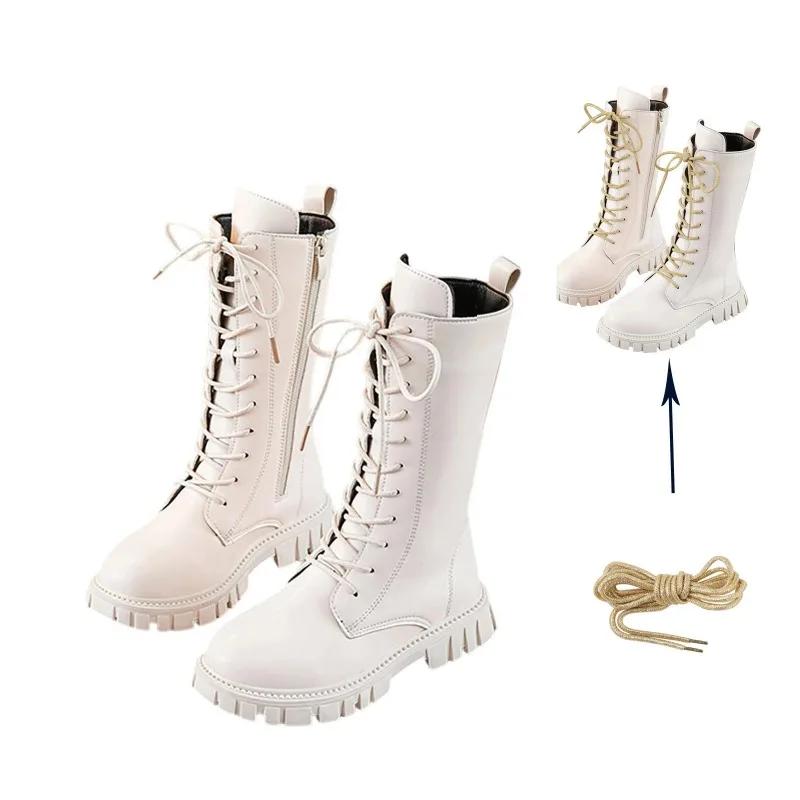 Bottes mi-mollet en cuir blanc à lacets pour filles, avec fermeture éclair latérale, semelle souple,