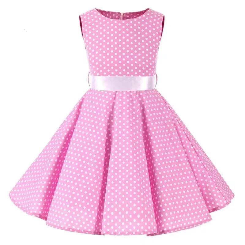 Robe trapèze Vintage à pois pour enfants des années 1950, robe mi-longue à fleurs, en coton, robe d'