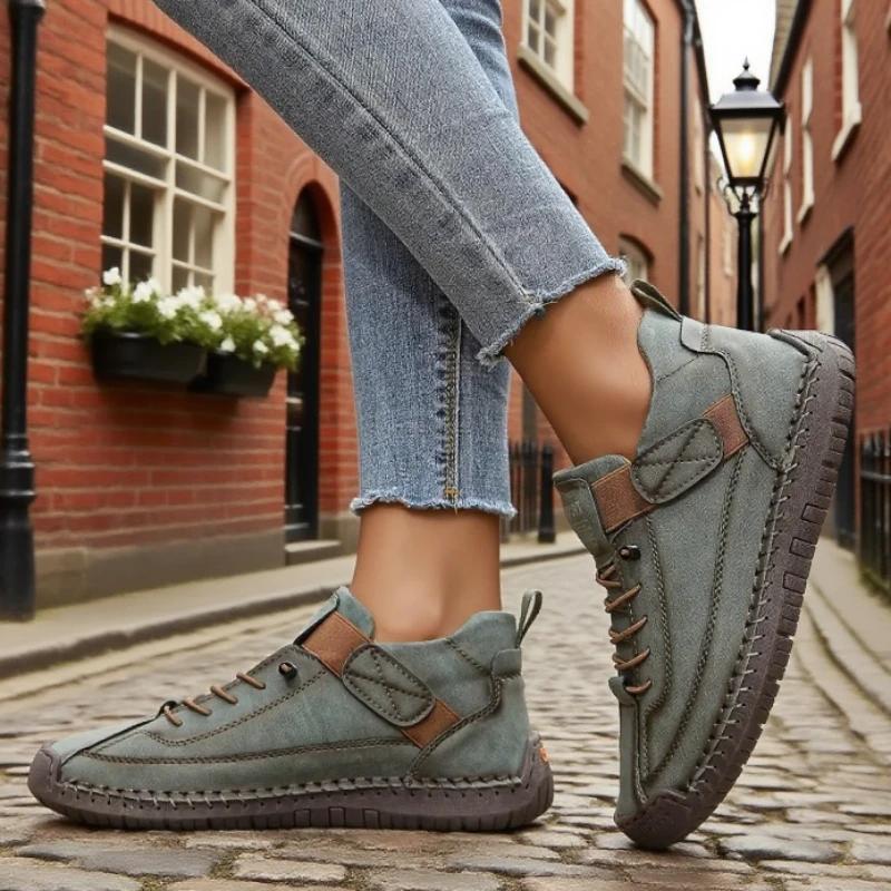 Mocassins en cuir faits à la main pour femmes, bottes de moto décontractées, confortables, à semelle