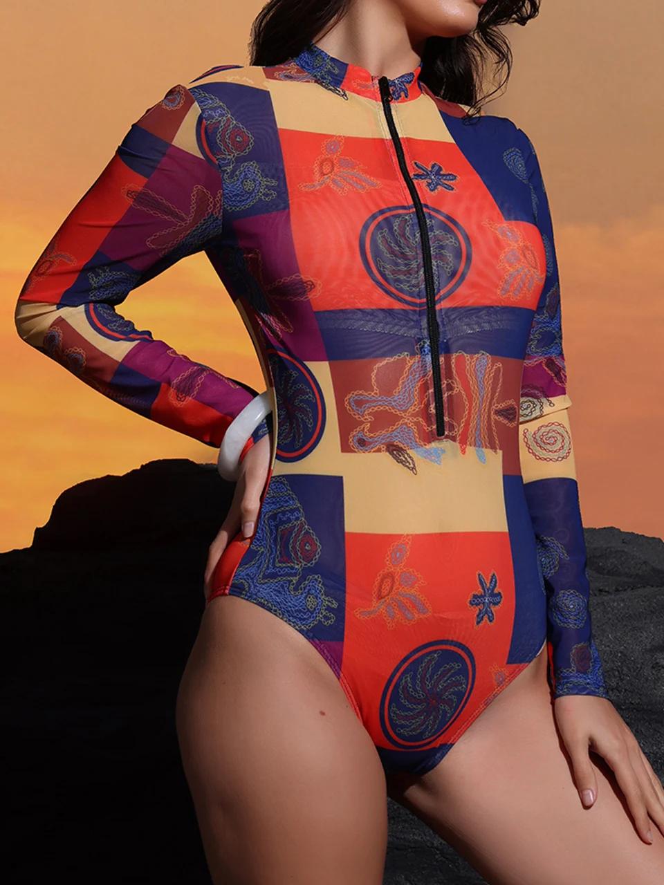 Maillot de bain une pièce anti-UV 2026 pour femme, à manches longues, imprimé, sportif, combinaison