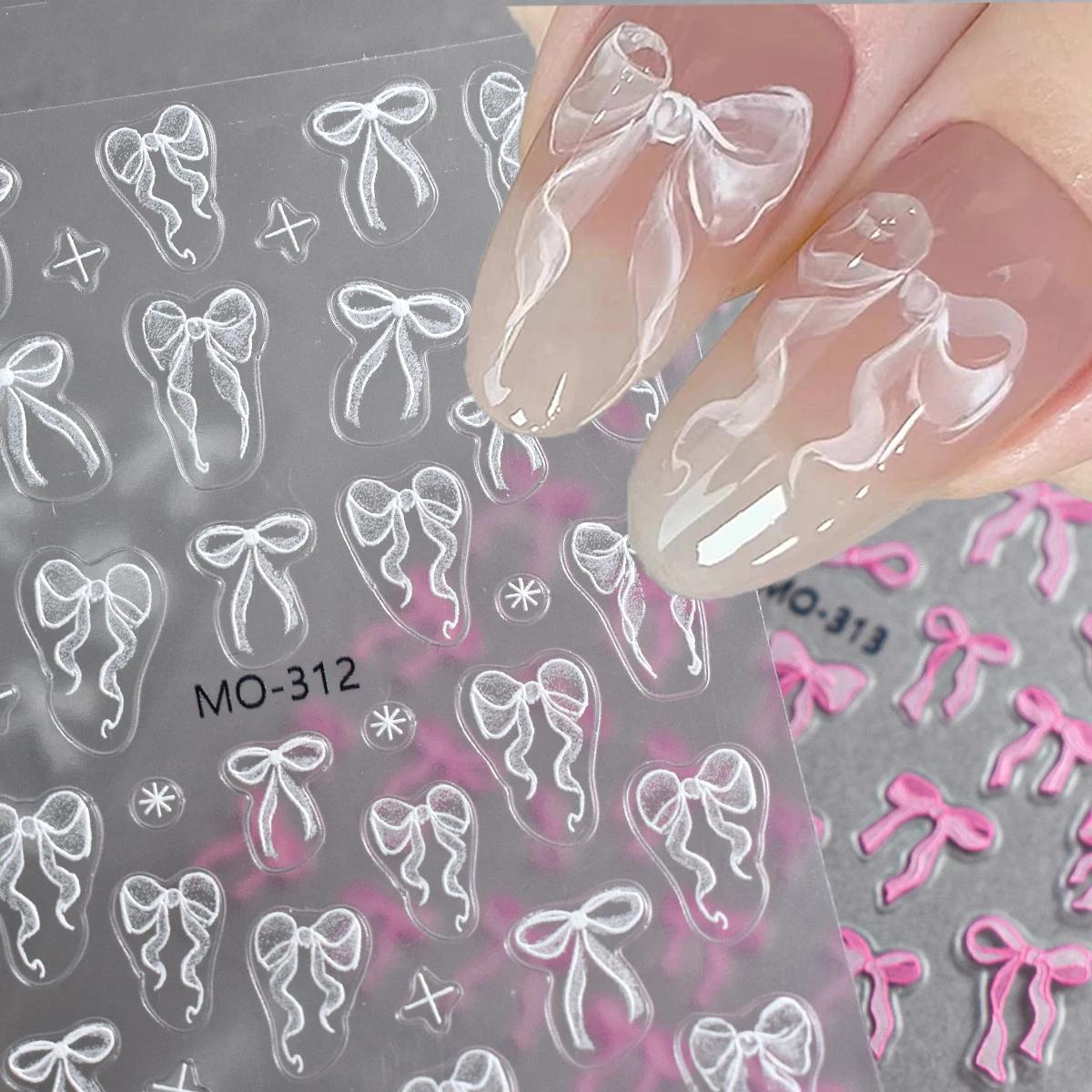 Autocollants pour ongles à nœud papillon, ruban blanc en Relief 3D, mignon, rose doux, autocollants