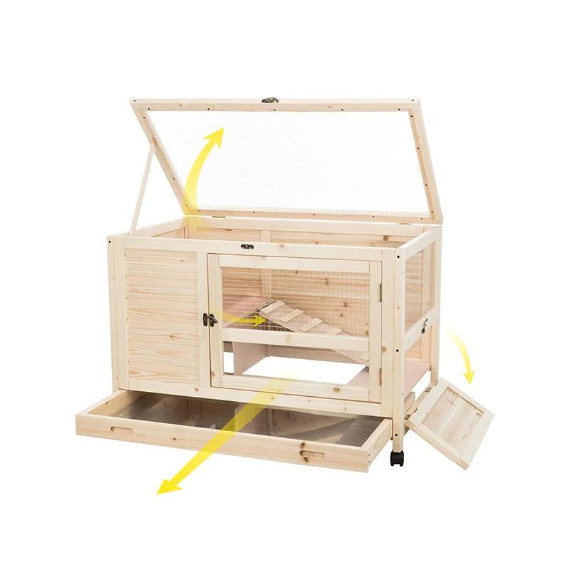 Lapin en bois à 2 niveaux pour l'extérieur, chalets avec rampe, roues, manipulation, mouvement, inst