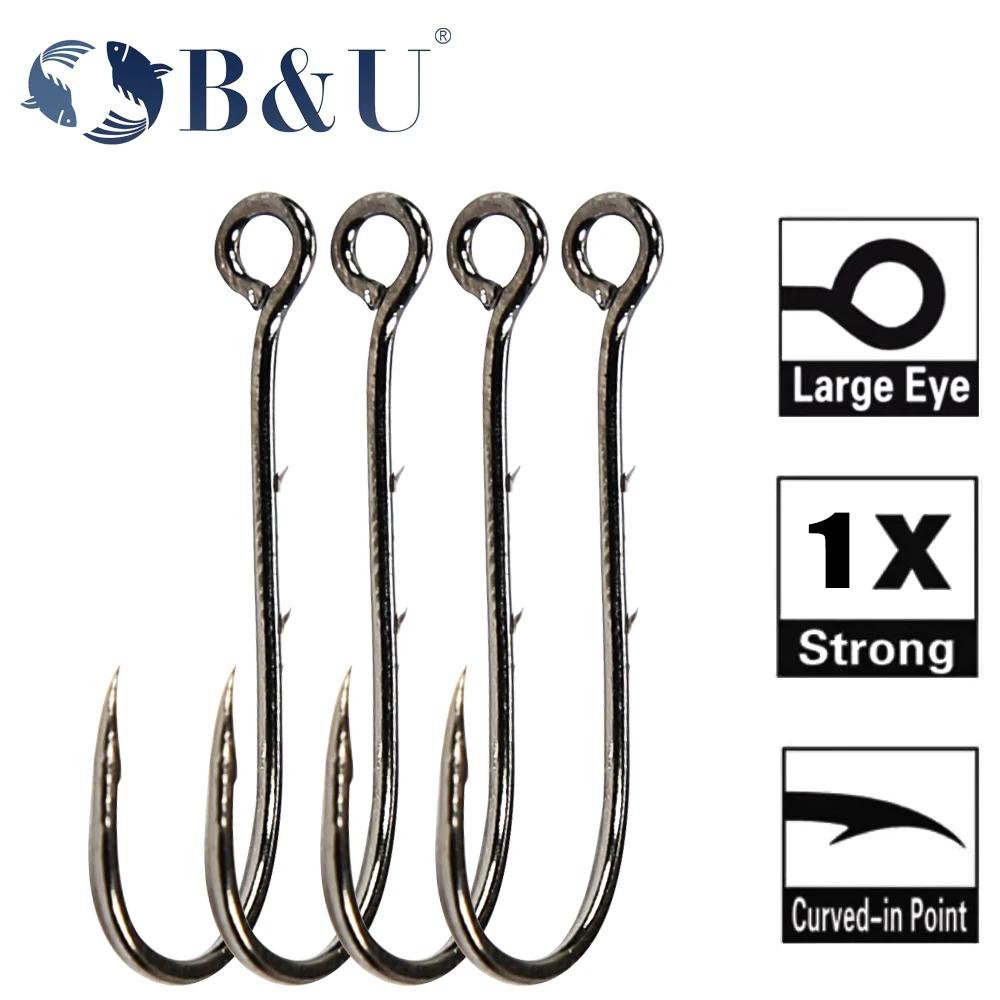 B & U-Hameçon de pêche Big Eye, longue tige, barbelé, rond, joint plié, grand anneau, ver, crochet,