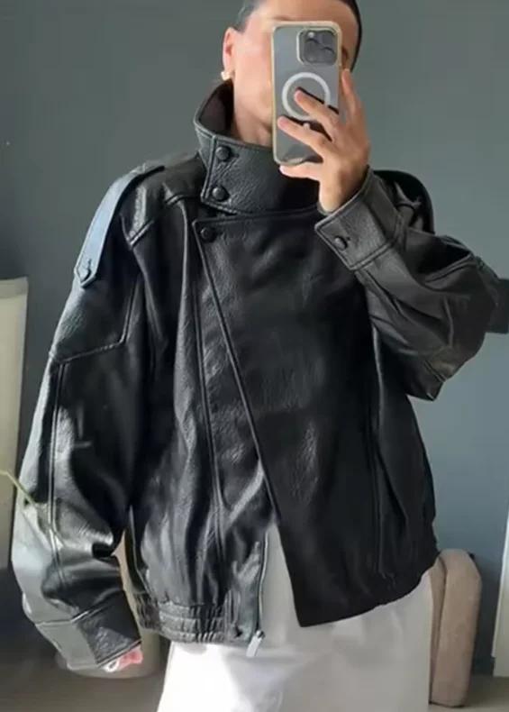 Veste femme automne 2025 nouveau noir à manches longues galets Faux cuir veste moto Style personnali