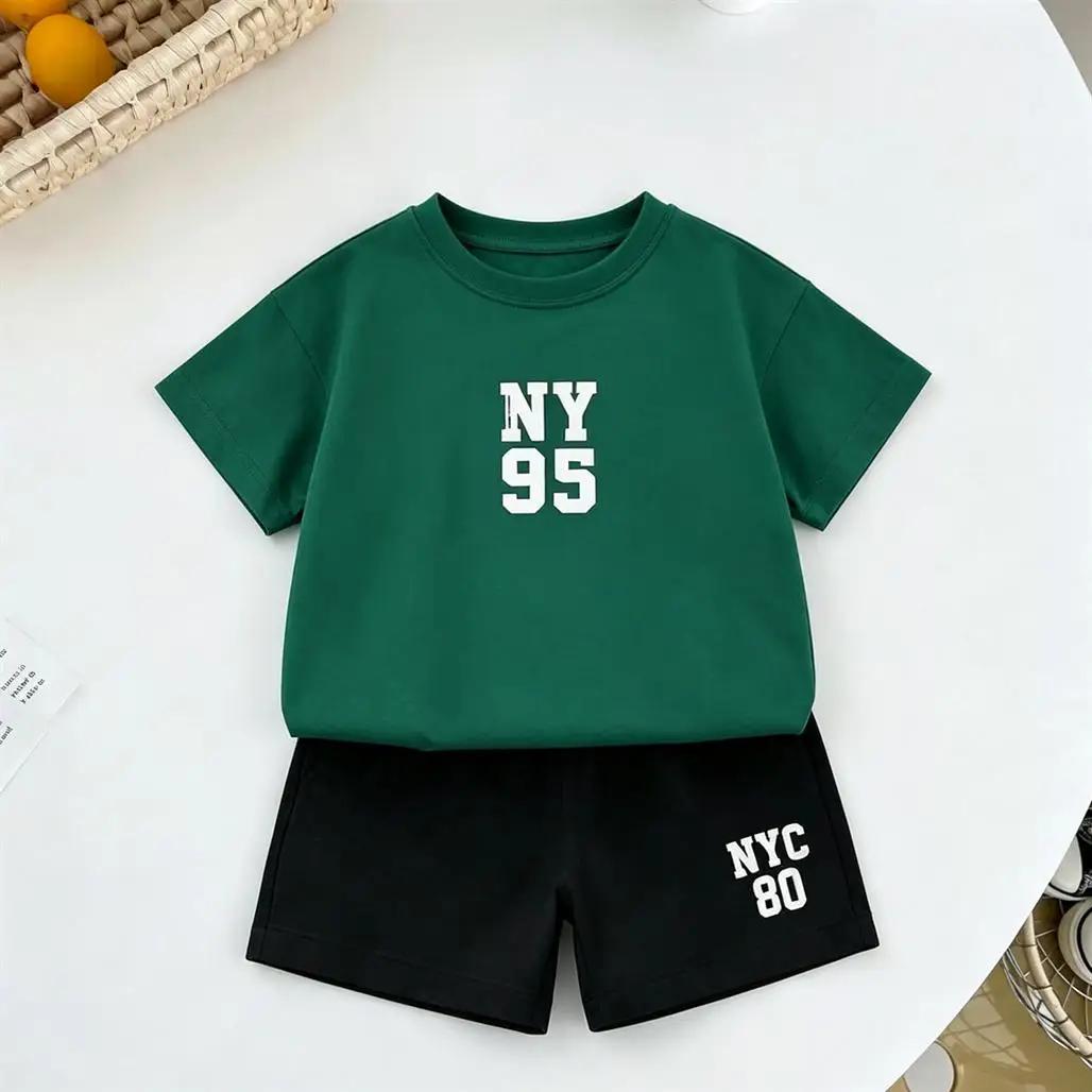 Ensemble de survêtement mode pour enfant : T-shirt noir et short d'été, tenue à col rond pour bébés