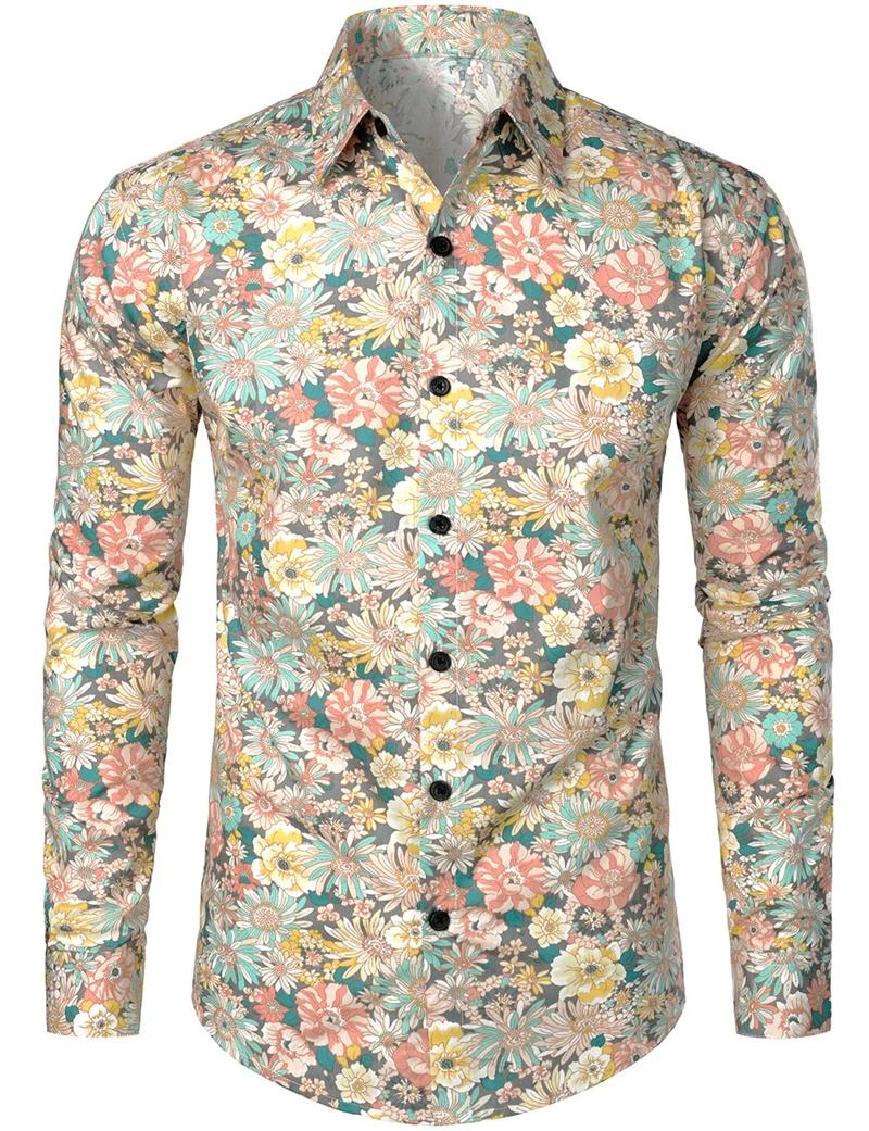 Chemise florale rétro des années 70 pour hommes et femmes, mode luxe, chemises à manches longues, bo