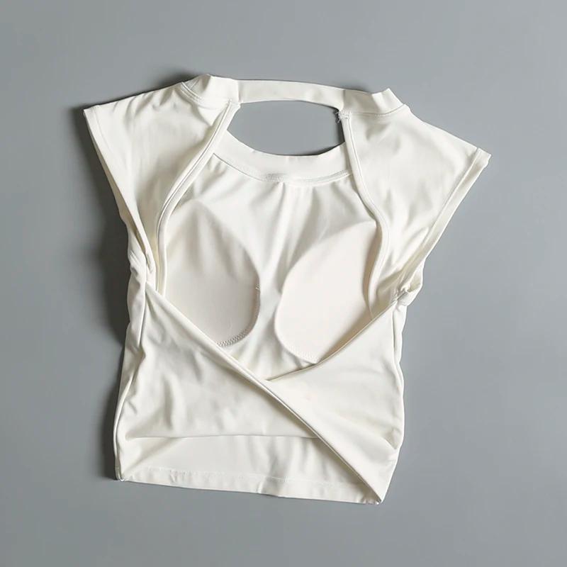 Costume de Yoga haut de sport pour femmes avec coussin de poitrine, T-shirt Sexy à manches courtes,