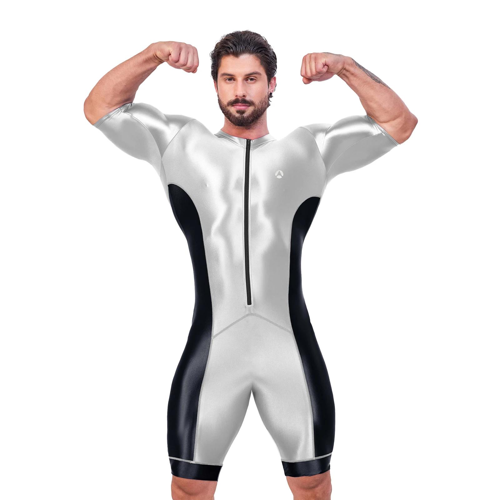 AMORESY brillant Satin brillant hommes body soie lisse surf costume maillots de bain Yoga vêtements