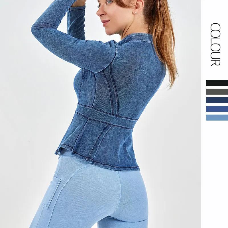Veste en denim à fermeture éclair pour femme, manches longues, col haut, ourlet trapèze, minceur, yo