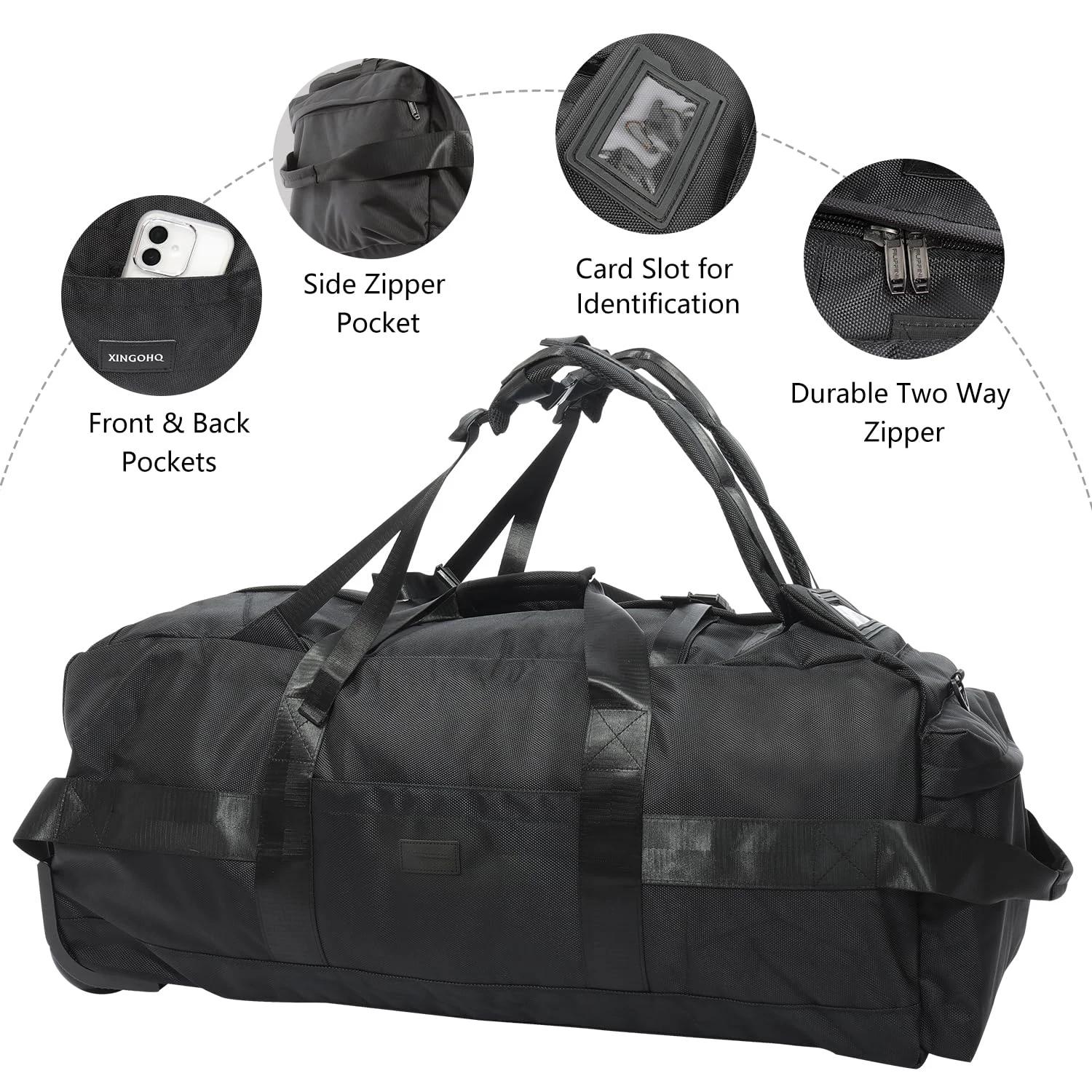 Sac de sport roulant 80L avec roulettes Sac de voyage pliable robuste de 31 pouces Bagage à roulette