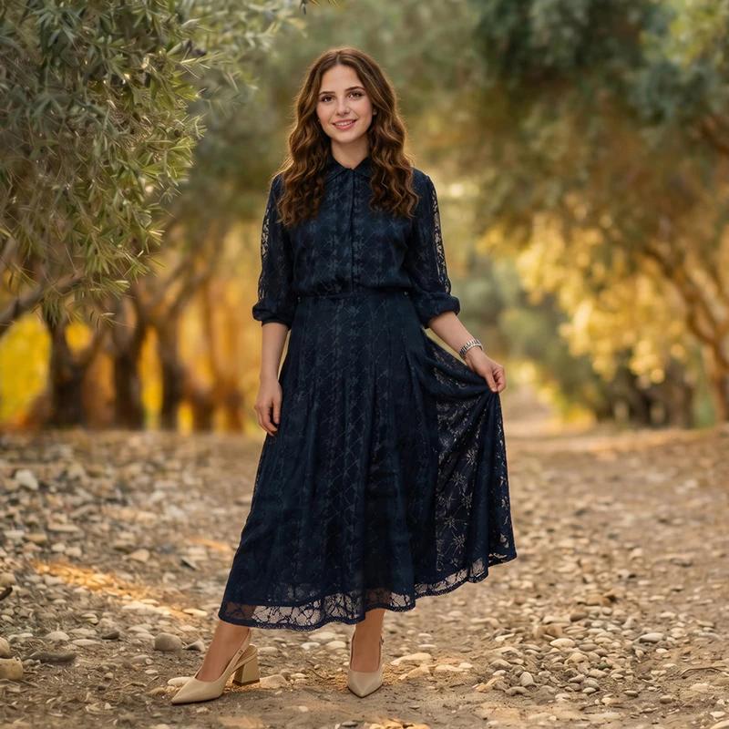 Ensemble 2 pièces Tenue de Shabbat XS-3XL Chemise à manches longues et jupe longue élégante en maill