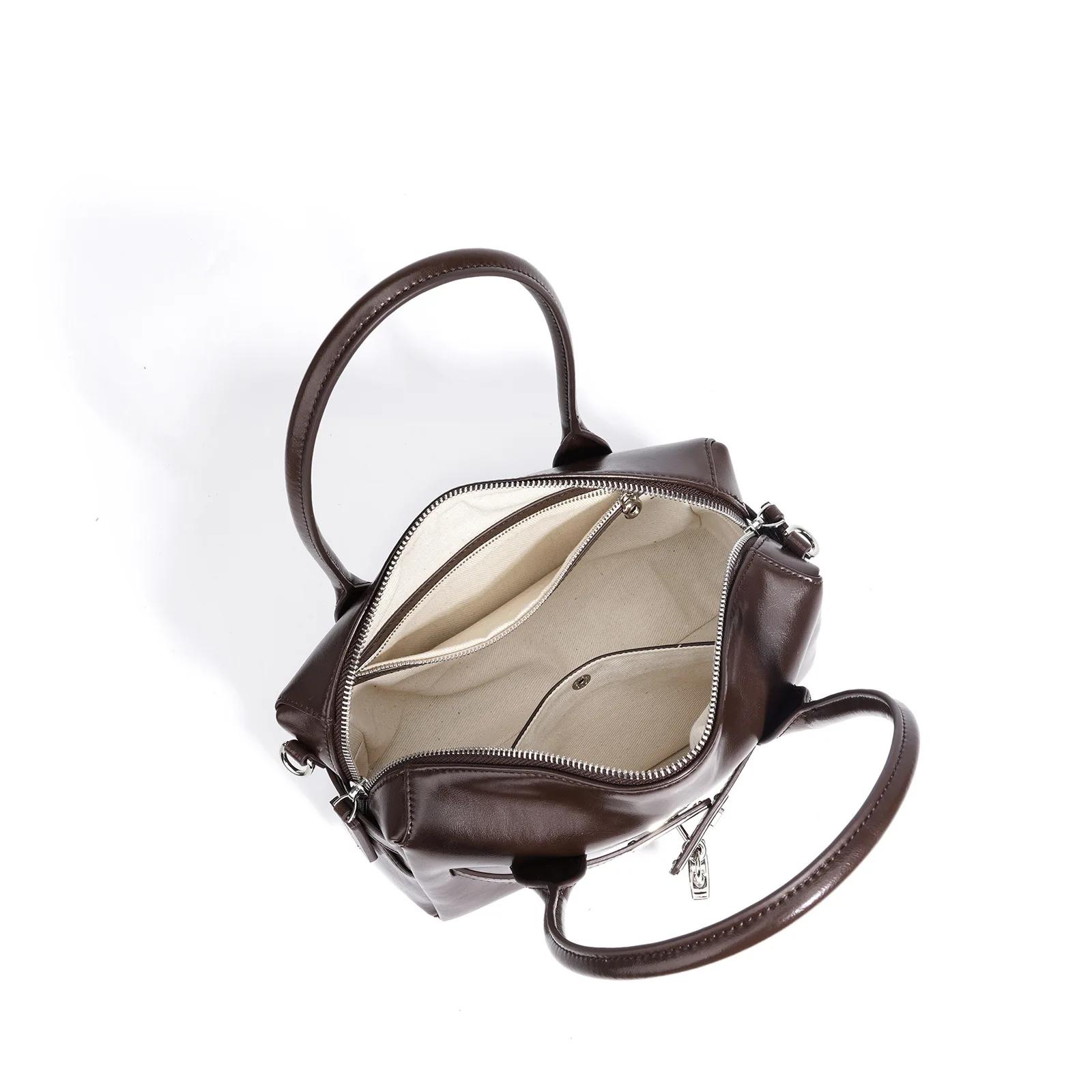 Sac à main Boston en cuir de Grain pour femmes, sac à main spacieux avec serrure, sac à bandoulière