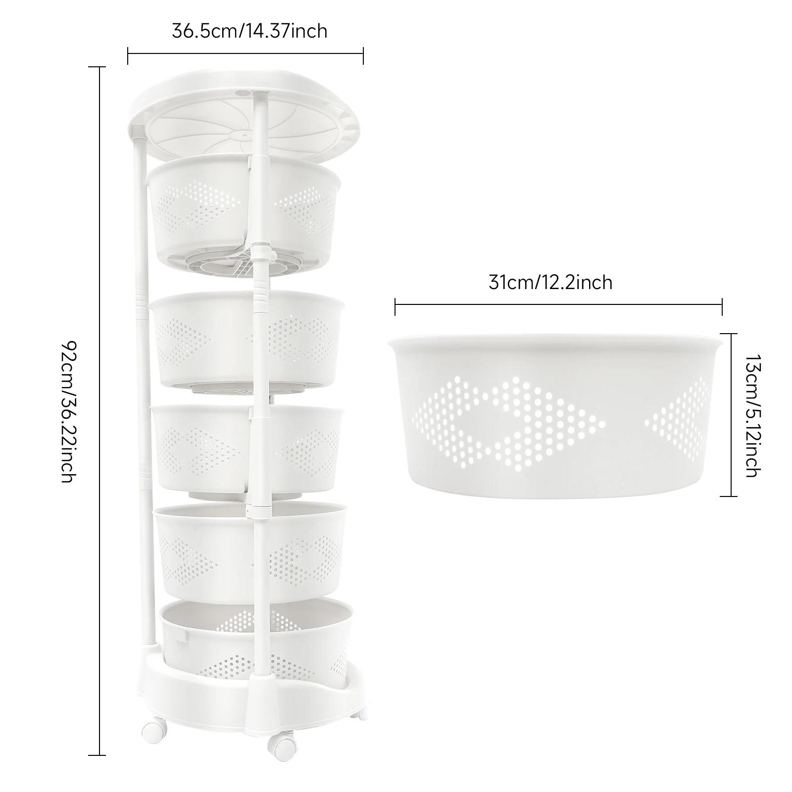 Mir de Rangement de Cuisine Multifonctionnel à 5 Niveaux, Blanc, Rotatif, à Roulettes, pour Légumes