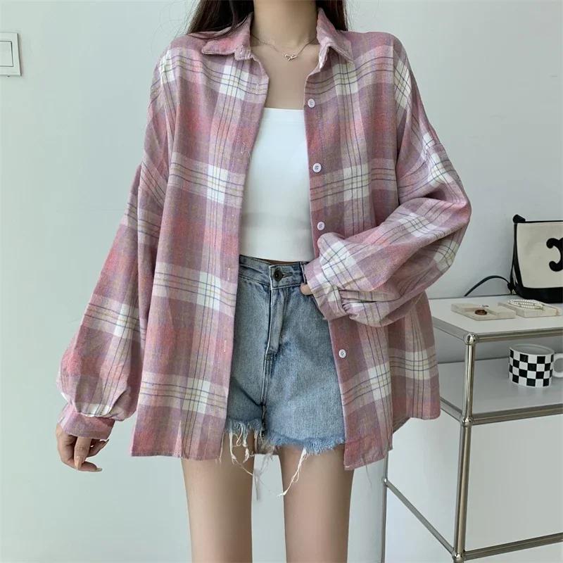 Chemise à carreaux femmes automne à manches longues haut femme simple boutonnage Blouse dames Style