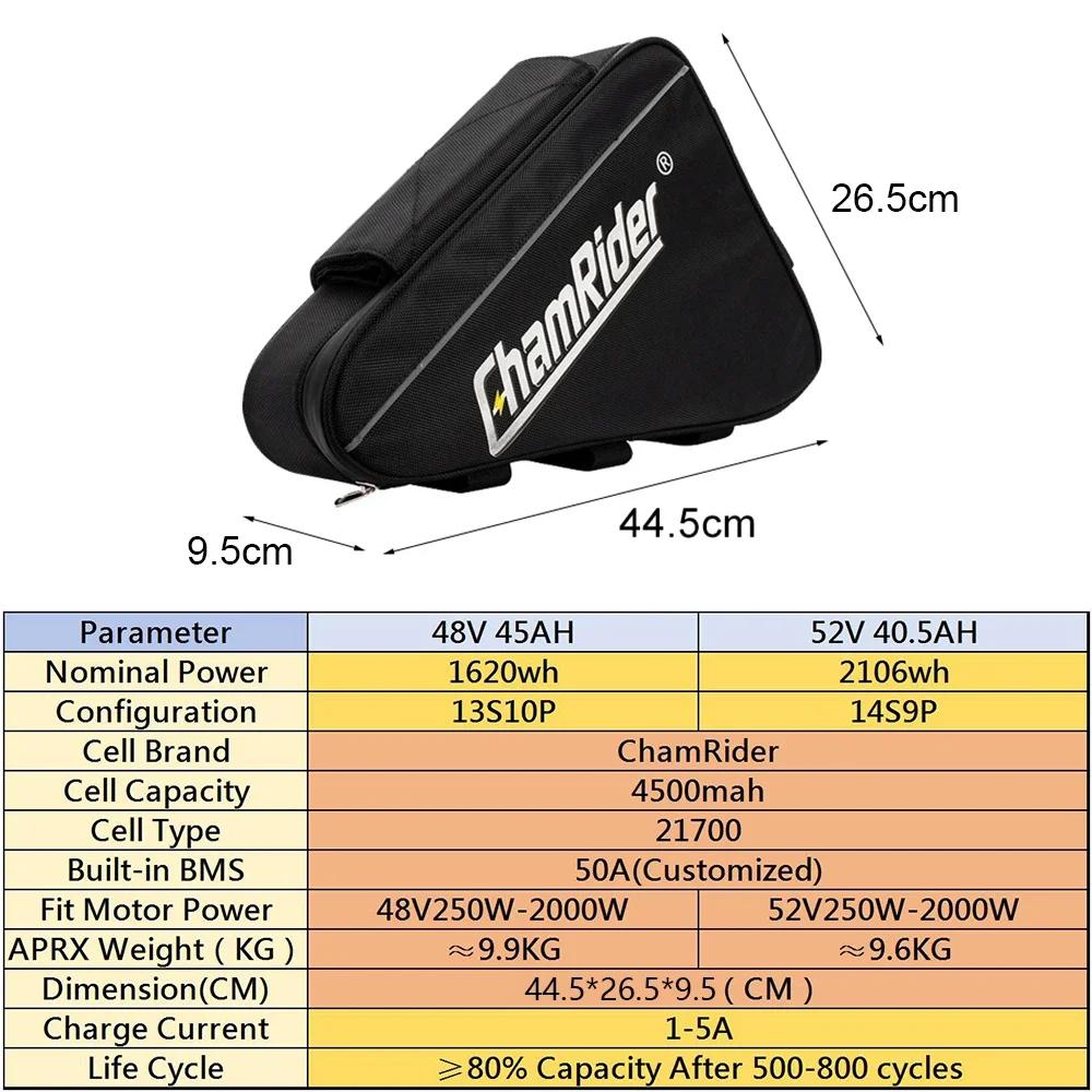 Batterie ChamRider 48V48AH, pack de batterie pour vélo électrique 52V 40.5AH, 2000W, 21700, triangle