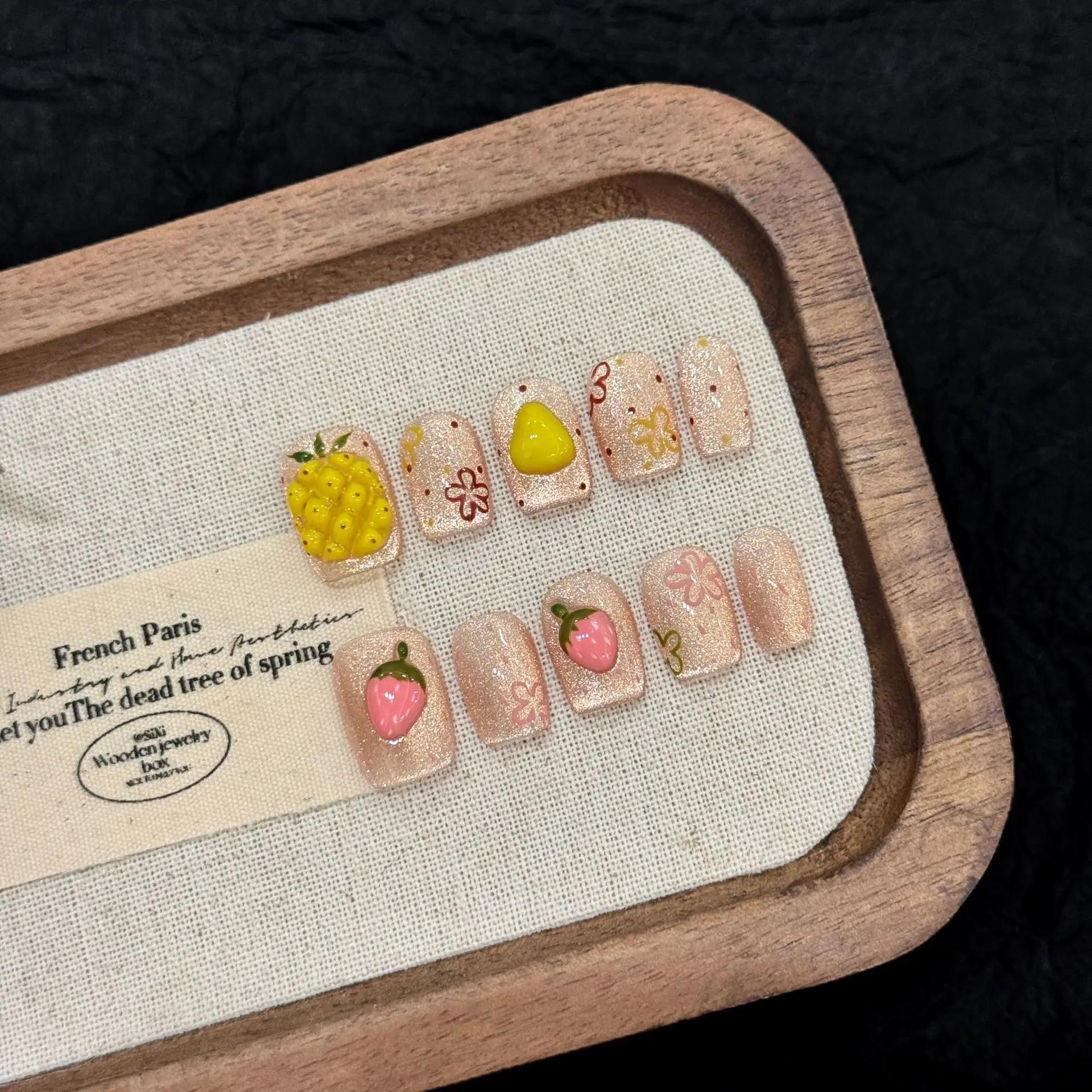 10 pièces mignon rouge fraise presse sur ongles rose nœuds papillon fleur perle décor français à la